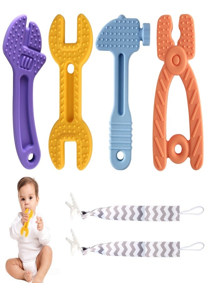 Yinghezu 4 Pack Chew Baby Teething Toys for 0-12 Months, Freezable BPA Free Silicone Baby Molar Teether Chew Toys, Hammer Wrench Spanner Pliers Shape Baby Girl's Boy Car Seat Toy - Image 1